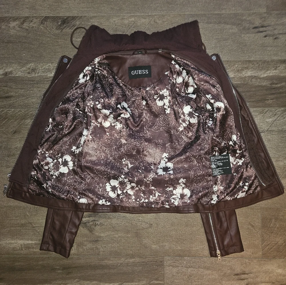 GUESS Burgandy Faux Leather Moto Jacket - Size Medium - Picture 8 of 11